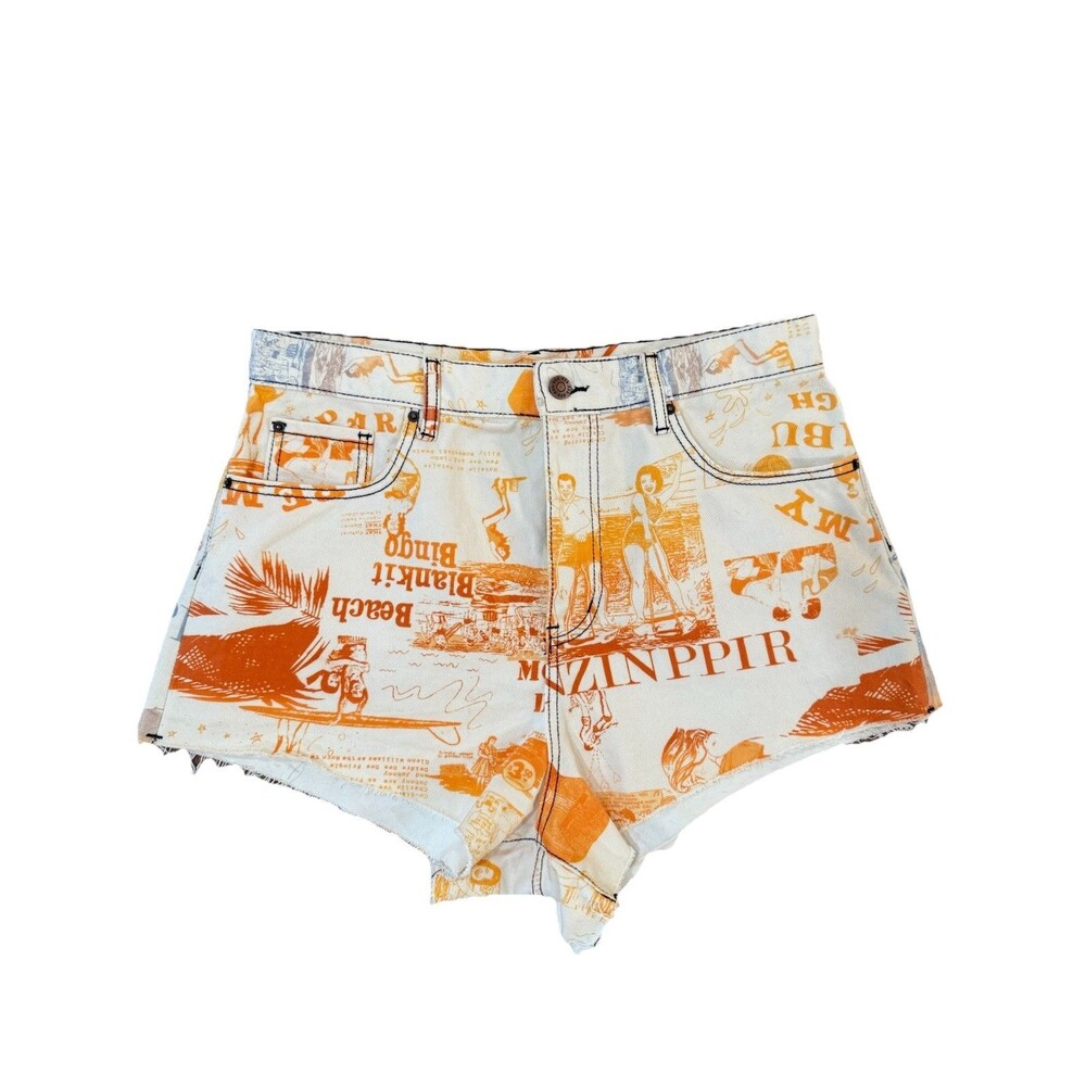 BDG Urban Outfitters Pitched Waist Denim Shorts Retro Graphic Print Cutoff 32 - Picture 2 of 9